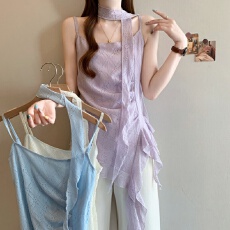 批发法式度假风飘带背心吊带女装2026夏季新款大码胖mm不规则收腰上衣