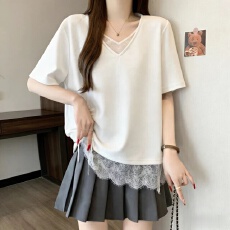 批发蕾丝拼接白色V领正肩短袖T恤女2026<b class='q'>春</b>夏季新款大码胖mm假两件上衣