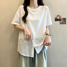 批发蕾丝花边短袖T恤女夏季大码胖mm显瘦宽松遮肚设计感衬衫拼接上衣