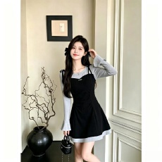 批发初<b class='q'>秋</b>法式穿搭假两件吊带裙大码女装胖mm遮肚子显瘦减龄长袖连衣裙
