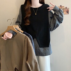 批发假两件套马甲拼接长袖衬衫女<b class='q'>春</b>秋大码胖mm显瘦设计感宽松遮肚上衣