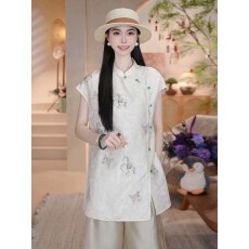 批发桑蚕丝新中式<b class='q'>旗袍</b>上衣女装短袖衬衣夏季中长款国风盘扣<b class='q'>真丝</b>白衬衫