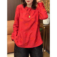 批发2026春季新款高级感百搭显瘦圆领缎面提花小马印花气质衬衫