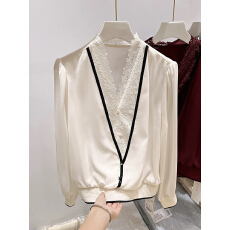 批发2026春装新款假俩件<b class='q'>蕾丝</b>V领长袖雪纺<b class='q'>衫</b>女<b class='q'>上衣</b>洋气小衫打底衫衬衫