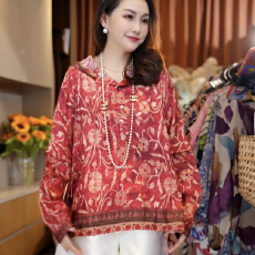 2026春季新款红色连帽衫大码女装胖MM宽松通勤风日常衬衫长袖上衣