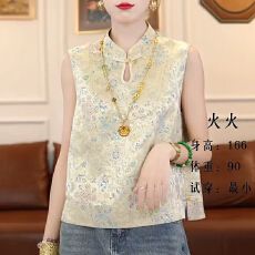 批发<b class='q'>桑蚕丝</b>新中式<b class='q'>上衣</b>复古国风立领盘扣小衫缎面提花真丝无袖衬衫女夏