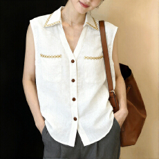 批发白色设计感刺绣翻领亚麻衬衫2026<b class='q'>夏</b>季新款小个子减龄百搭排扣上衣