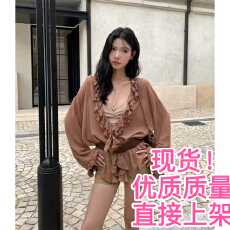 批发野生zero雪纺开衫女夏<b class='q'>网纱</b>薄款宽松V领辣妹性感荷叶边长袖薄上衣