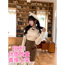 批发森女系原创想去海边 迷路小羊 针织拼接<b class='q'>可爱</b>棕色格子<b class='q'>连衣裙</b>