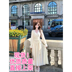 批发白里纯粹线条 设计感<b class='q'>连衣裙</b>收腰长袖<b class='q'>雪纺</b>V领法式复古气质显瘦长裙