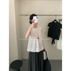 批发2026夏季下摆花边无袖圆领衬衫背心女气质露背精致上衣潮