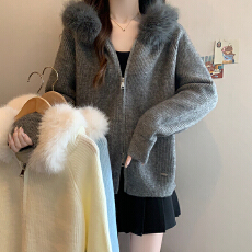 批发实拍大码装毛领双拉链针织毛衣<b class='q'>外套</b>2025秋冬新款<b class='q'>宽松</b>慵懒显瘦上衣