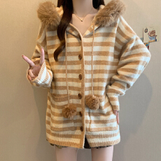 批发实拍 大码装撞色条纹连帽针织开衫毛衣<b class='q'>外套</b> 2025韩系软糯<b class='q'>宽松</b>上衣