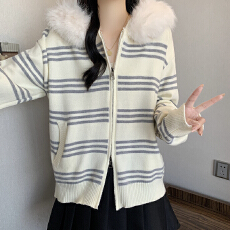 批发实拍大码装韩系氛围感保暖毛领连帽毛衣开衫外套2025秋<b class='q'>冬</b>新款上衣