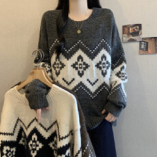 批发实拍大码女装复古宽松慵懒风圆领软糯针织衫上衣2025秋<b class='q'>冬</b>新款毛衣