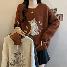 批发实拍大码女装高级感猫咪刺绣针织衫2025秋<b class='q'>冬</b>新款毛衣显瘦百搭上衣