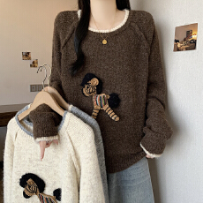 批发实拍 大码女装慵懒系宽松圆领小马提花拼色毛衣 2025秋<b class='q'>冬</b>新款上衣