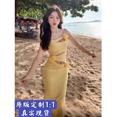 批发<b class='q'>泰国</b>辣妹黄色镂空吊带显身材连衣裙海岛度假风多巴胺穿搭沙滩长裙