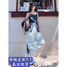 批发巨好看的夏日慵懒风松弛感穿搭亚麻吊带上衣<b class='q'>条纹</b>阔腿裤休闲套装女