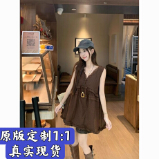 批发2025夏季新款复古木耳边V领无袖衬衫<b class='q'>上衣</b>女高腰休闲短裤两件套