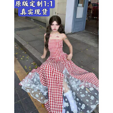 批发法式2025<b class='q'>格子</b>复古抹胸<b class='q'>连衣裙</b>夏季气质新款收腰拼接裙子显瘦长裙