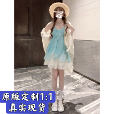 批发人鱼恋歌 vintage复古雪纺海边度假穿搭一整套v领吊带连衣裙