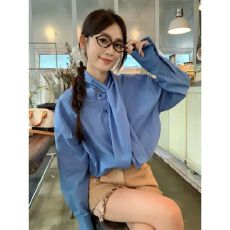 批发蓝色系带长袖衬衫女2025<b class='q'>秋</b>季新款韩系宽松百搭设计感小众衬衣上衣