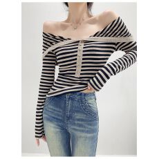 批发一字肩露锁骨<b class='q'>长袖</b><b class='q'>T</b><b class='q'>恤</b>女秋撞色<b class='q'>条纹</b>修身显瘦内搭打底上衣