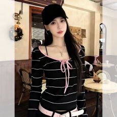 批发<b class='q'>条纹</b>U领<b class='q'>长袖</b><b class='q'>t</b><b class='q'>恤</b>女秋季高级感内搭打底衫甜辣妹上衣