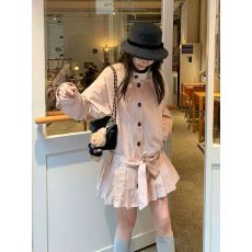 批发2025超火的早秋简约高智感小个子气质粉色立领<b class='q'>风衣</b>百褶连衣裙子女