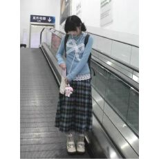 批发甜美风套装女蓝色减龄蕾丝蝴蝶结针织衫上衣春秋格子半身裙两件套