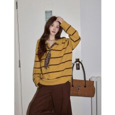 批发韩系polo领撞色条纹套头针织<b class='q'>毛衣</b>女秋冬慵懒洋气宽松显瘦长袖上衣