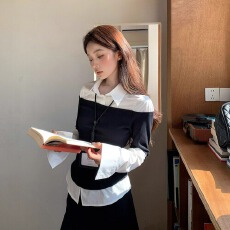 批发40支<b class='q'>纯棉</b>罗纹210克1*1 设计感撞色拼接翻领长袖上衣女