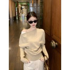 批发克莱因蓝露肩长袖针织衫女秋季新款内搭辣妹短款斜肩针织衫上衣女