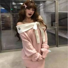 批发辣妹气质修身蝴蝶结撞色针织上衣女2025秋冬新款性感包臀短裙套装