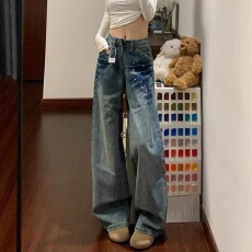 批发美式复古阔腿<b class='q'>牛仔裤</b>女2025秋冬新款钉珠高腰宽松<b class='q'>显瘦</b>直筒拖地裤子