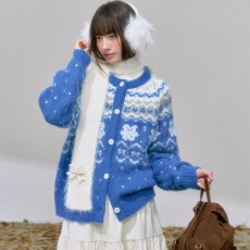 批发罐头士多所 '屿蓝织梦'宝蓝色针织衫女冬季撞色费尔岛插肩袖<b class='q'>毛衣</b>