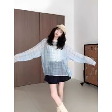 韩系格子长袖T恤女夏季新款慵懒风外搭防晒上衣