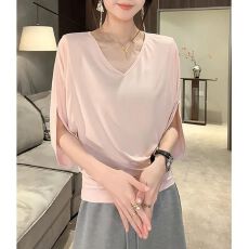 批发慵懒感V领<b class='q'>蝙蝠</b>袖T恤女夏季垂感收腰显瘦五分袖上衣