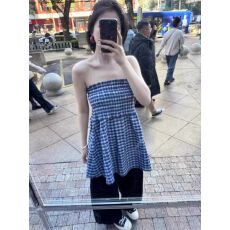 批发纯欲风两穿蓝色格子半身裙遮肉显瘦抹胸背心