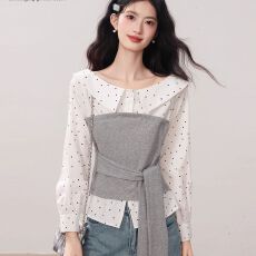 批发法式设计感波点收腰<b class='q'>衬衫</b>女2026春季新款<b class='q'>长袖</b>小众时尚气质绑带上衣