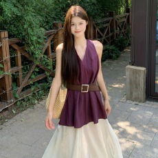 批发挂脖v领<b class='q'>雪纺衫女</b>收腰中长款漂亮上衣夏季新款露背<b class='q'>无袖</b>背心