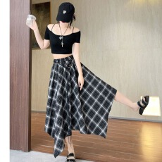 批发设计感<b class='q'>不规则</b>格纹<b class='q'>半身裙</b>女春夏新款系带高腰垂感中长款a字大摆裙