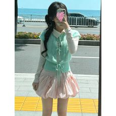 批发绵<b class='q'>羊绒</b> 清纯甜美减龄复古绿色绑带针织马甲上衣