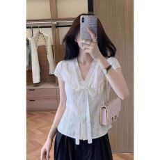 批发夏季小众设计感小衫简约<b class='q'>修身</b>上衣法式白色蕾丝花边系带短袖<b class='q'>衬衫</b>女