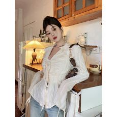 批发雪纺条纹面料好质量 <b class='q'>修身</b>长袖<b class='q'>衬衣</b>v领不规则设计感小众上衣