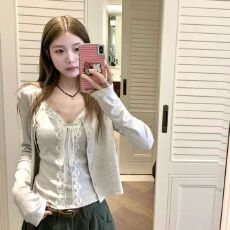 批发纯欲蕾丝绑带<b class='q'>吊带</b>长袖开衫两件套女夏季新款百搭修身显瘦上衣套装