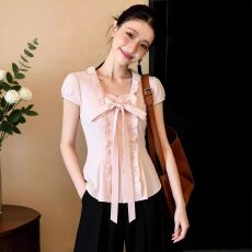 批发韩系甜美蝴蝶结泡泡袖衬衫女2026夏季新款显瘦百搭木耳边上衣潮
