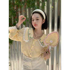 批发<b class='q'>甜美</b>夏季七分袖双层娃娃领格纹衬衣女2026韩系小众设计感别致上衣