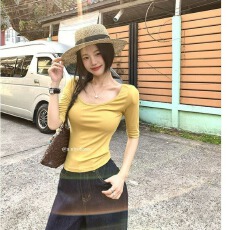 批发【210克40支<b class='q'>纯棉</b>】 中袖修身五分露锁骨T恤女<b class='q'>打底衫</b>休闲上衣